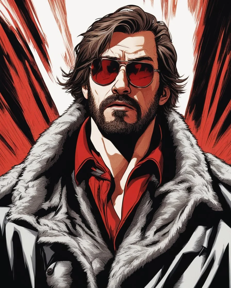 a young man with big muscles who looks like hans gruber wearing a heavy coat and red sunglasses staring with an irritated look on his face standing in front of a large fire