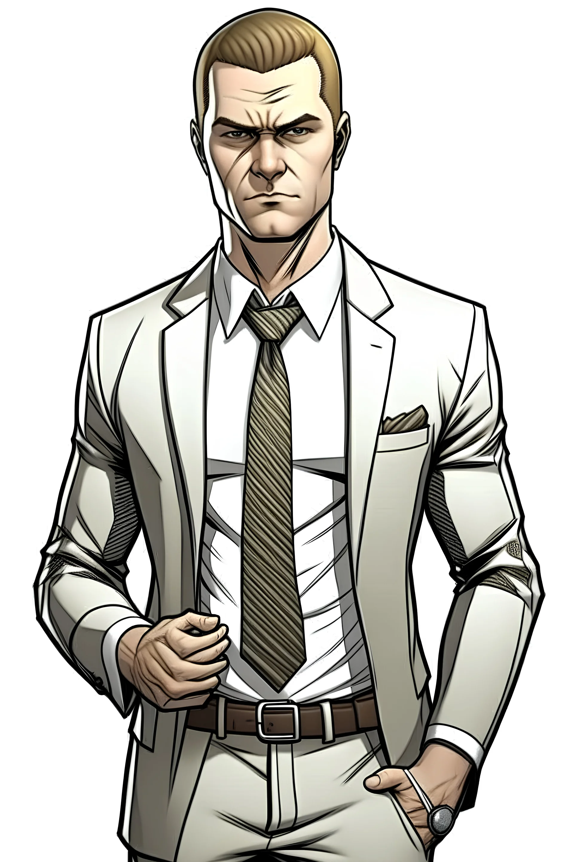 Draw me a white-skinned, young GTA character who is businessman. He should have a GTA mark, he should be tall,