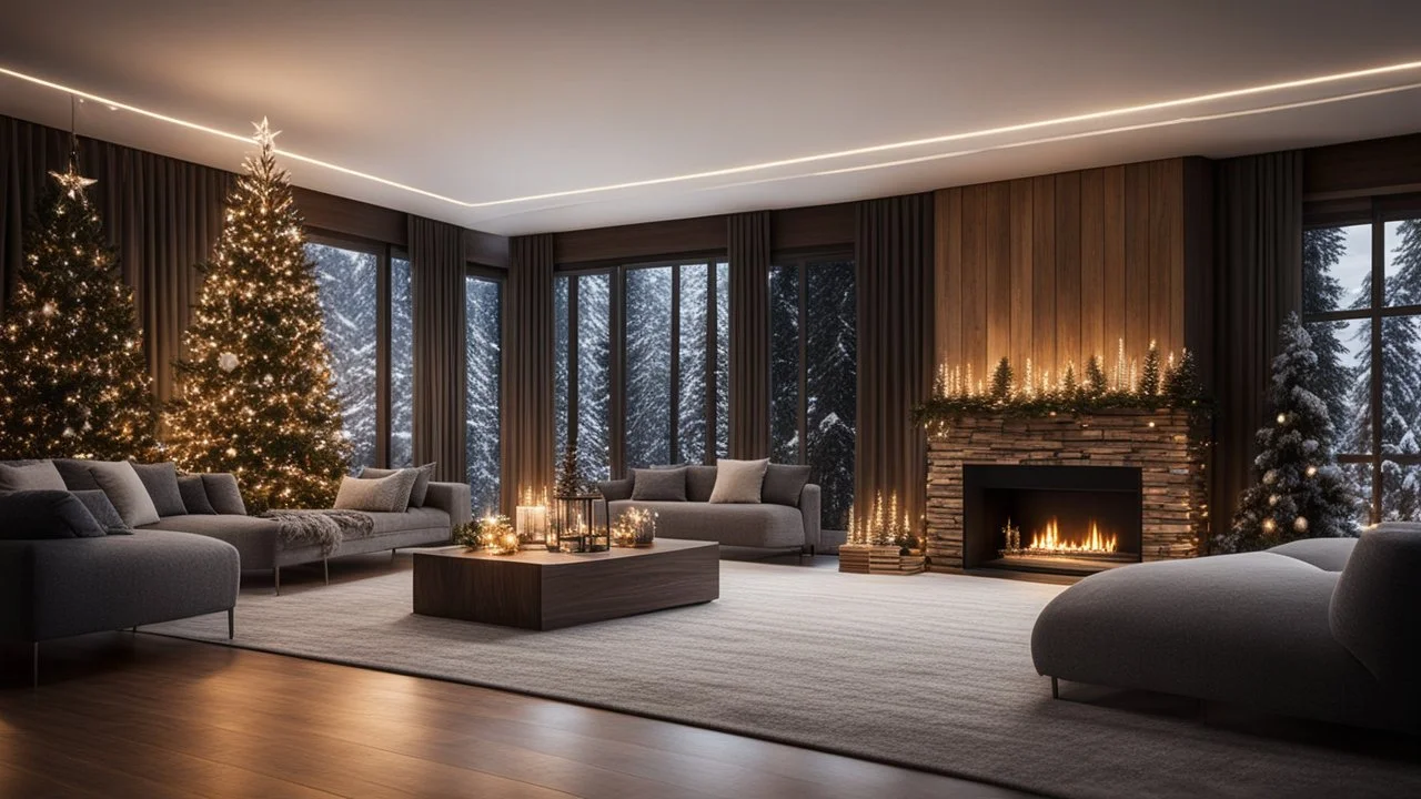 darkness,photoreal, christmas decoration in the big living room made of wood and glass elements , adorned with twinkling lights, in the living room,next to the fireplace,large windows with snowy firs outside,christmas decoration,lights off,cozy,calm,high-quality photograph,photorealistic, shot on Hasselblad h6d-400c, zeiss prime lens, bokeh like f/0.8, tilt-shift lens 8k, high detail, smooth render, unreal engine 5, cinema 4d, HDR, dust effect, vivid colors,night