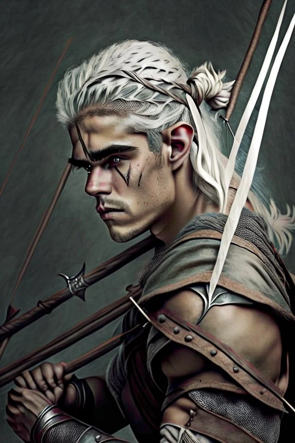 gladiator gray hair young medieval man with a longbow