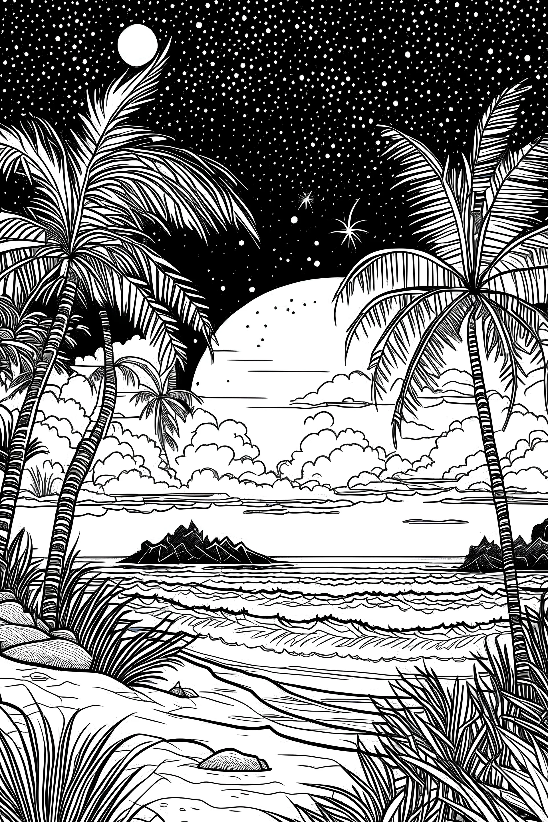 moonlit beach with starlit palm trees, in black and white with distinct lines, perfect for an adult coloring book, contour, vector, clean line art, isolated on a white canvas