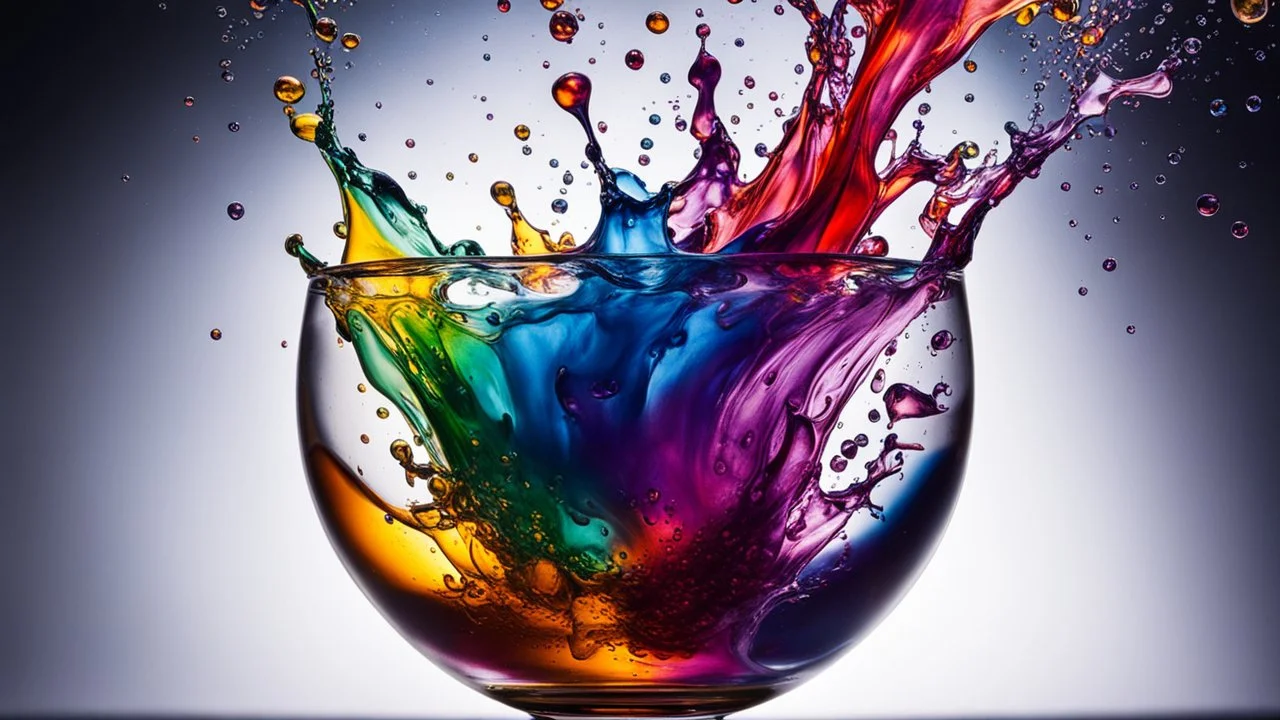 Splash! Multicoloured ink drops diffusing gently into a glass vessel full of water, amazing detail, beautiful composition, award-winning photograph, astonishing realism, 85mm lens, adjust perspective