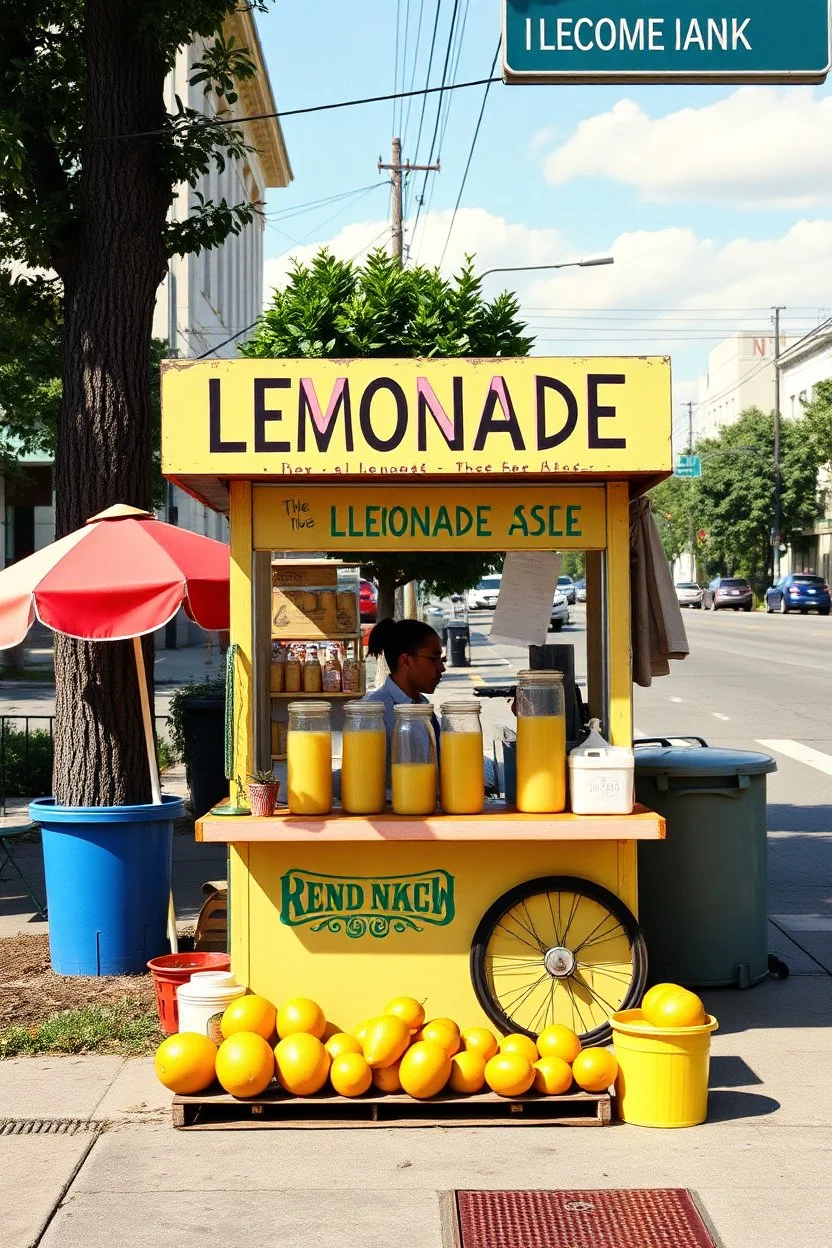 lemonade stand in street in the style of warhol