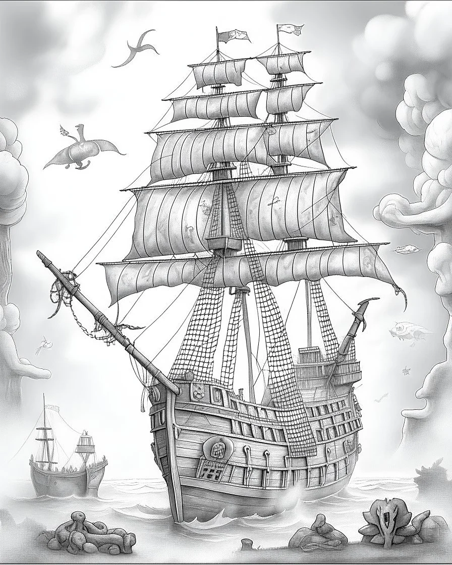 Pirates of the Caribbean: Ghostly Ship in the Mist Coloring Adventure: Design an intriguing coloring page inspired by the Pirates of the Caribbean movie, featuring a ghostly pirate ship emerging from thick fog. Encourage young artists to embrace the mysterious atmosphere, playing with shades of gray to create shadows and highlights. Minimize background and lines, allowing kids to immerse themselves in the eerie scene as they bring this ghostly ship to life in their unique black-and-white creatio