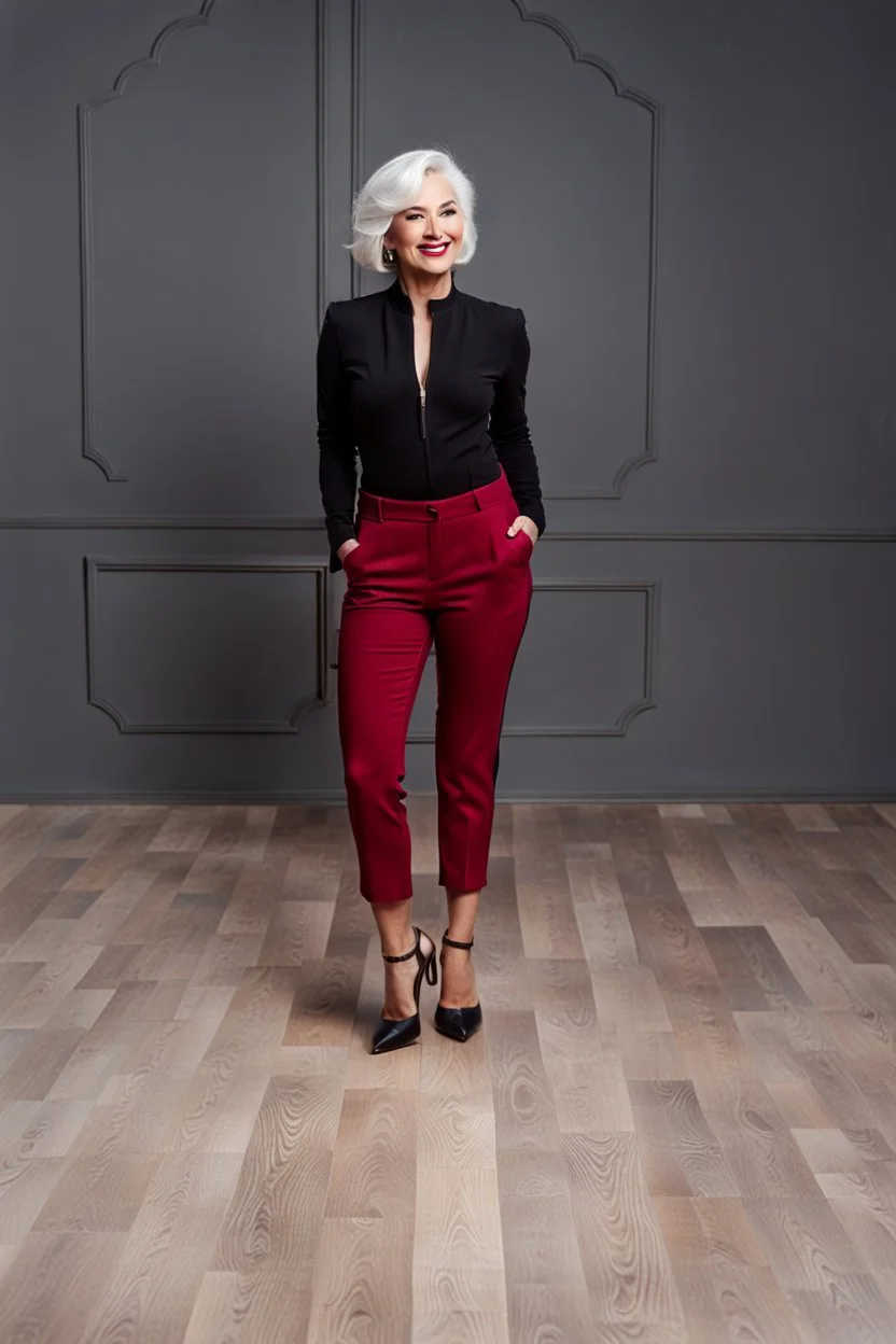 full body of very beautiful lady wearing pants and jacket,white gray hair ,standing idle happy pose in studio pretty makeup