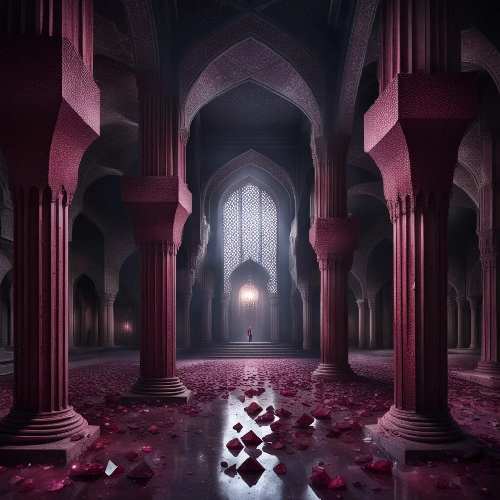 Hyper Realistic Maroon Crystals Inside a Dark Abandoned Mosque with beautifully crafted pillars at Rainy night