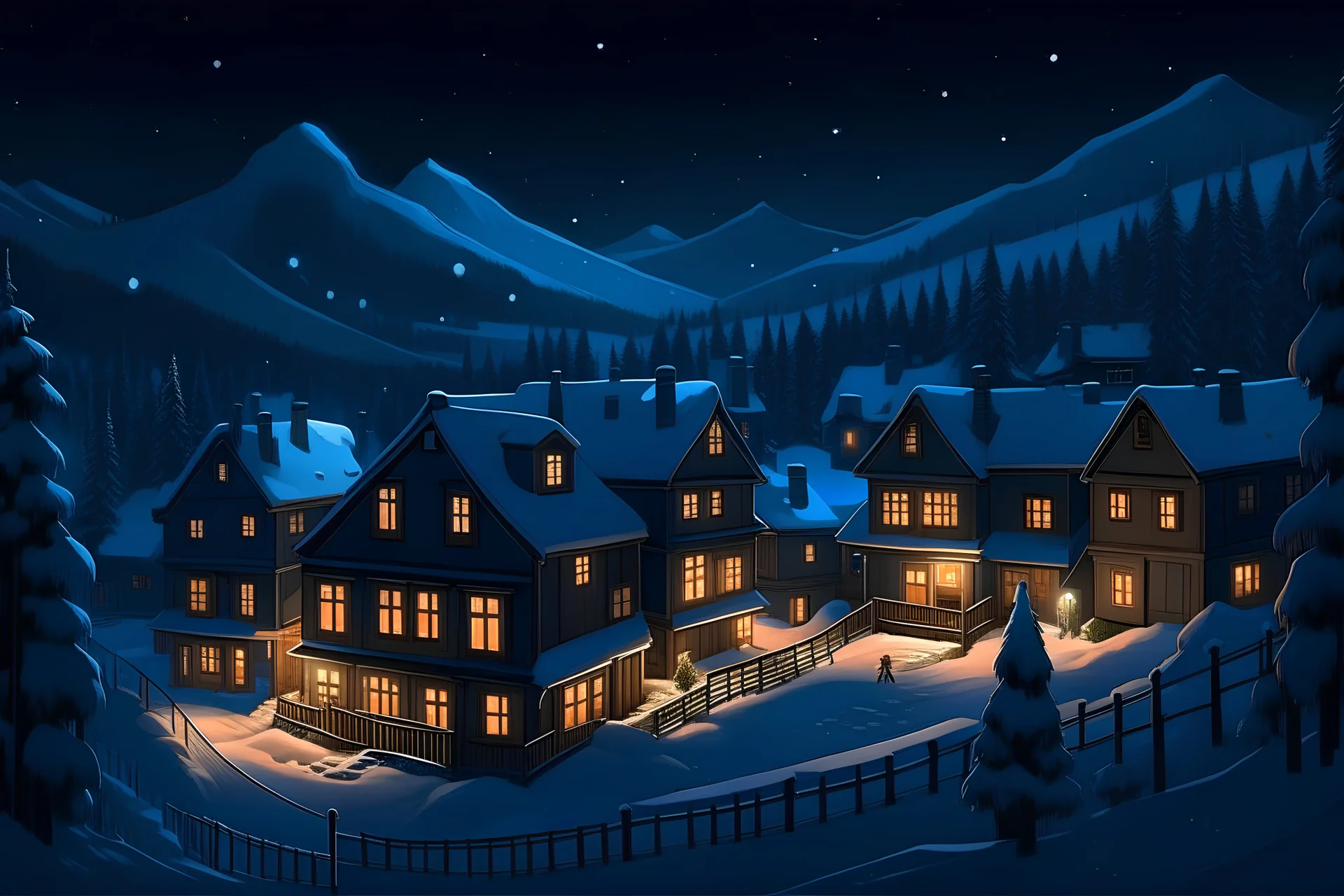 A winter night scene in a mountainous area, where modern houses are blanketed in snow. The warm lights from the windows make the inside feel cozy. This is different from the cold, blue snow outside. The dark night sky and surroundings make the houses' lights stand out. You can tell people are around because of the lights and the paths in the snow.