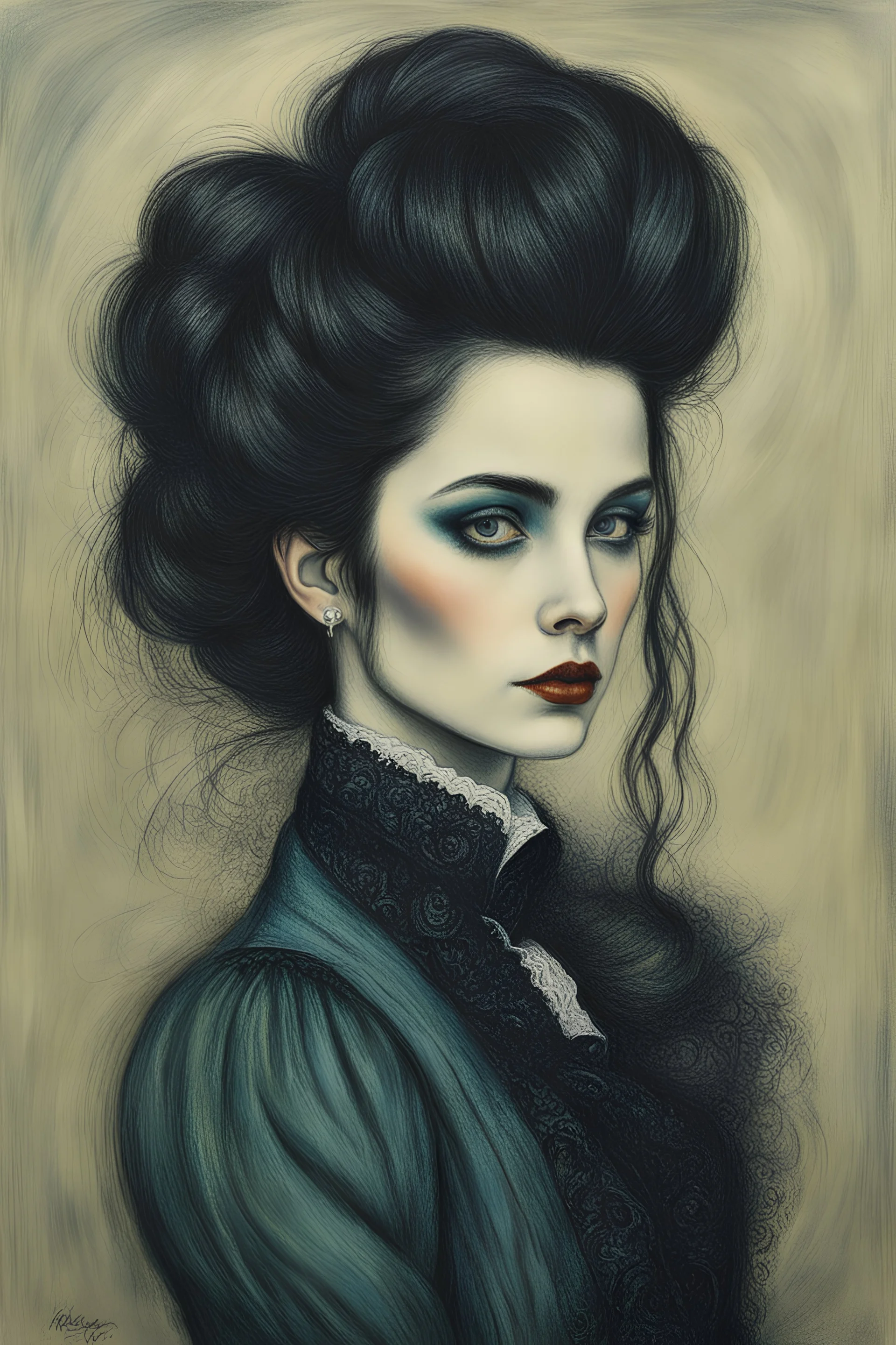 create a 3/4 profile, full body oil pastel of a dark haired, savage, ornately dressed, gothpunk vampire girl with highly detailed , sharply defined hair and facial features , in a foggy 19th century Moscow, in the style of JEAN-FRANCOIS MILLET and MARY CASSATT