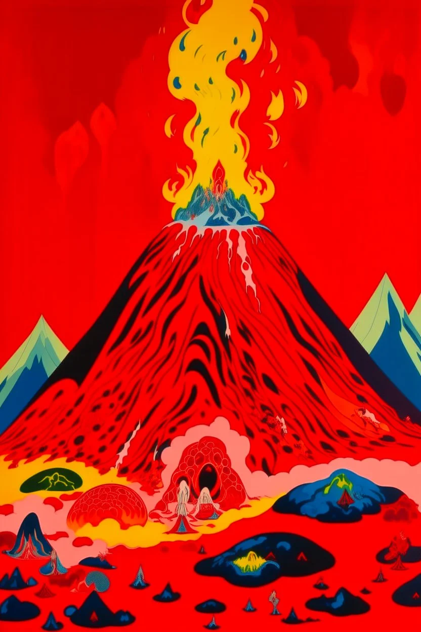 A red volcano with spewing bloody fire designed in Matryoshka dolls painted by Wassily Kandinsky