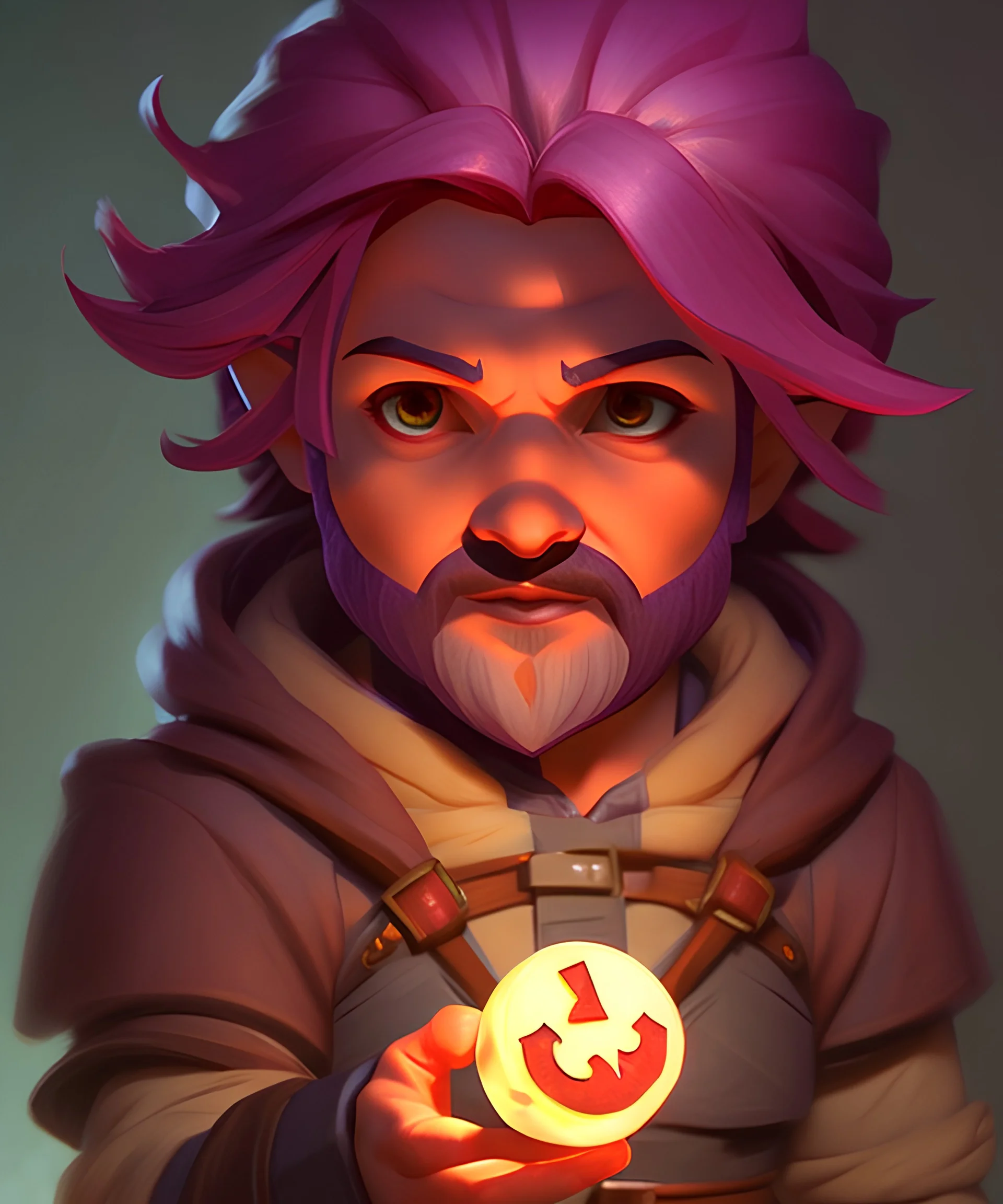 Pathfinder young gnome rouge purple hair with a dice in his hand no beard, greg rutkowski, high quality, dramatic lighting, DND