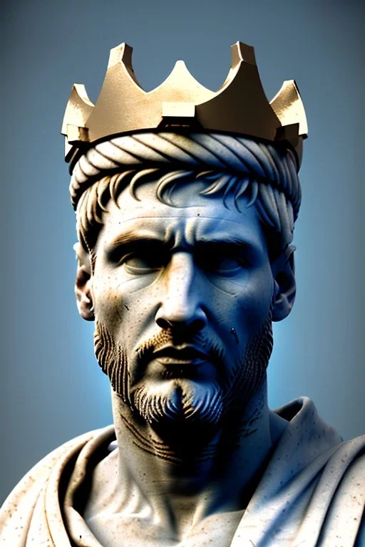 Ultra Realistic image, Roman sculpture, white marble material, Lionel Messi, gold crown of natural thorns, god crown, sun rays background, waist up portrait, epic, celestial, cinematic lighting, God lights, 4k resolution, smooth details, soft lighting, unreal engine 5, art station, substance 3d.