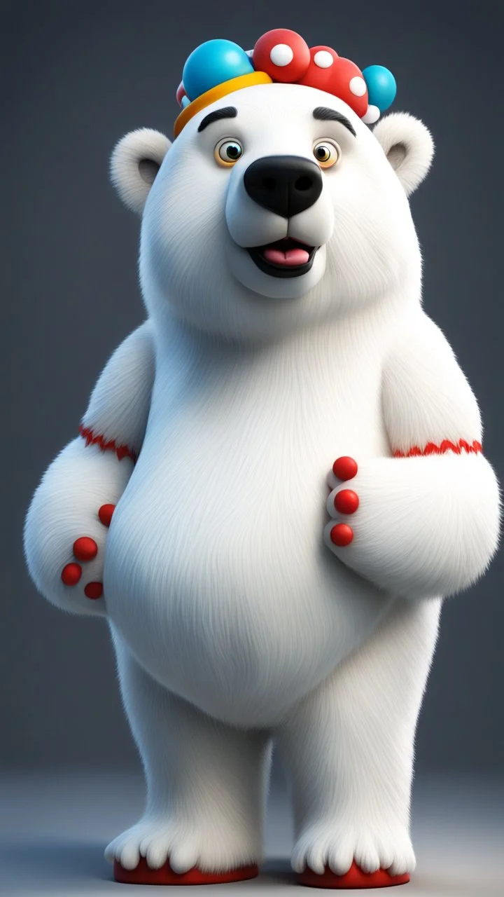 polar bear ox clown angel, in the style of pixar, expertly crafted in a whimsical and vibrant cartoon style. is masterfully rendered in a lifelike 3D design, which captivates viewers with there irresistible charm.