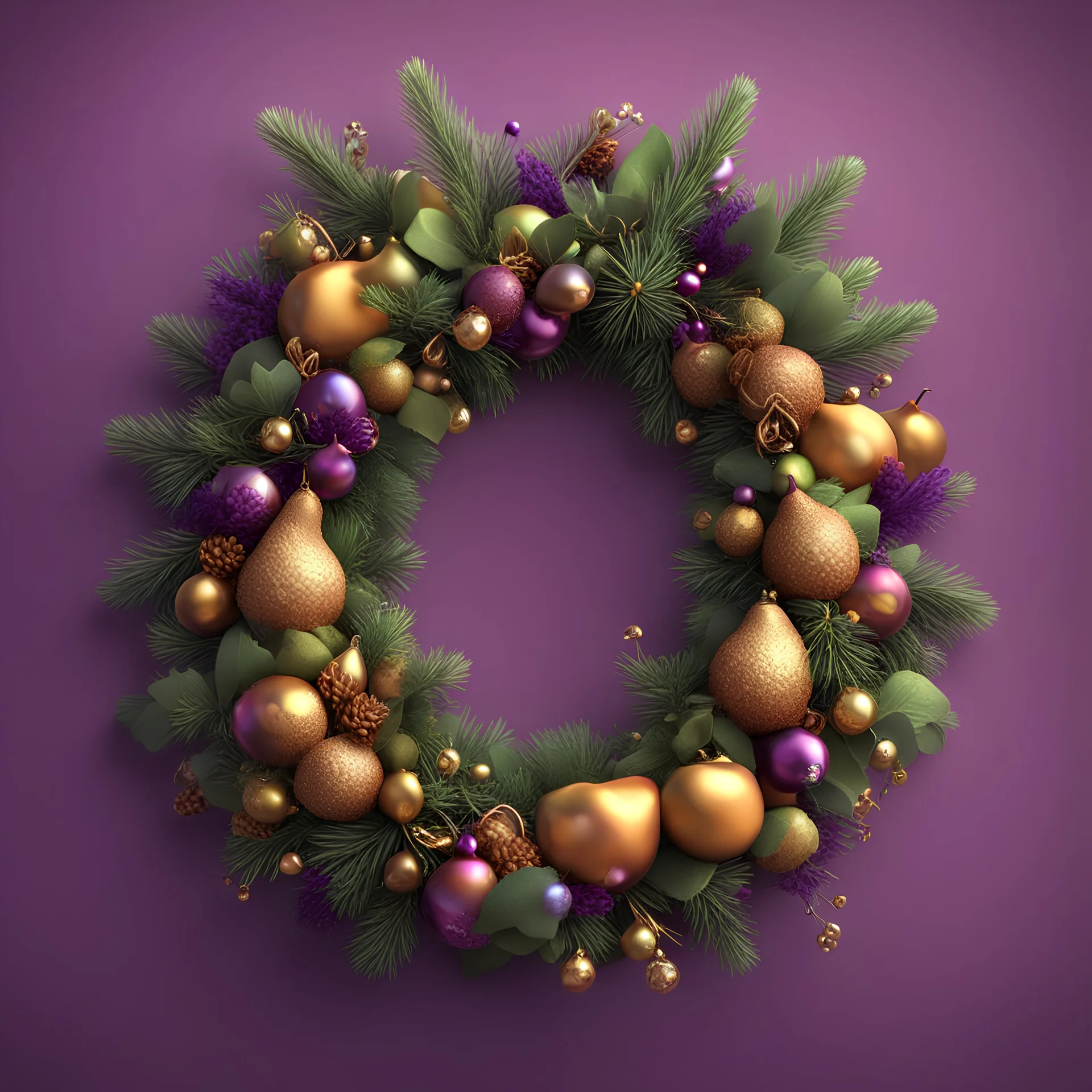 3D illustration of New Year's wreath of decorations with Christmas tree pears and acaramel cane a deep purpure background, illustration, smooth 3d digital art, exquisite thee-dimensional rendering, 4K, blender, c4d, octane render , disney style 3d light, Zbrush sculpt, concept art, Zbrush high detail, pinterest Creature Zbrush HD sculpt, neutral lighting, 8k detail