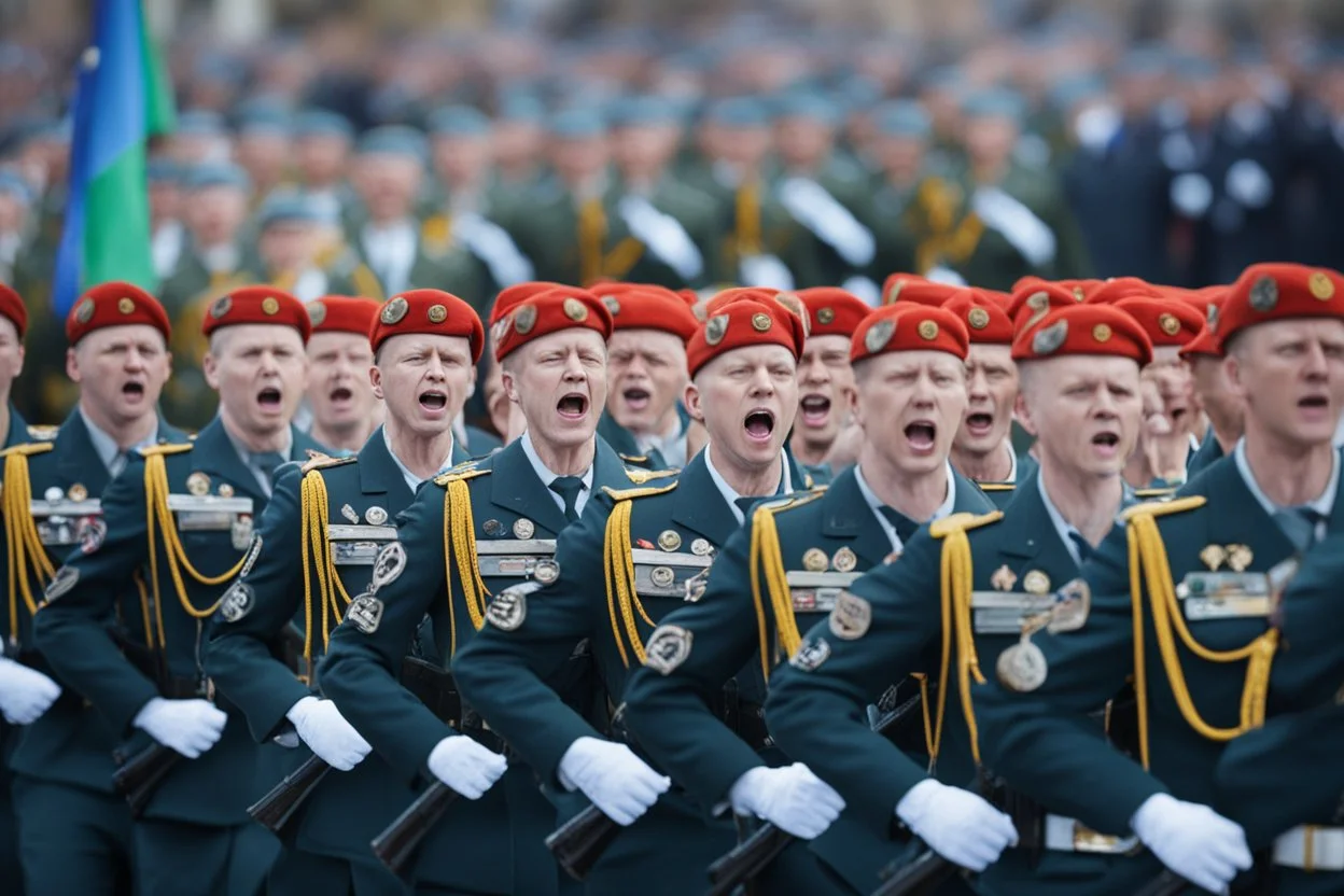 Soldiers marching in formation; military parade; passionately shouting;