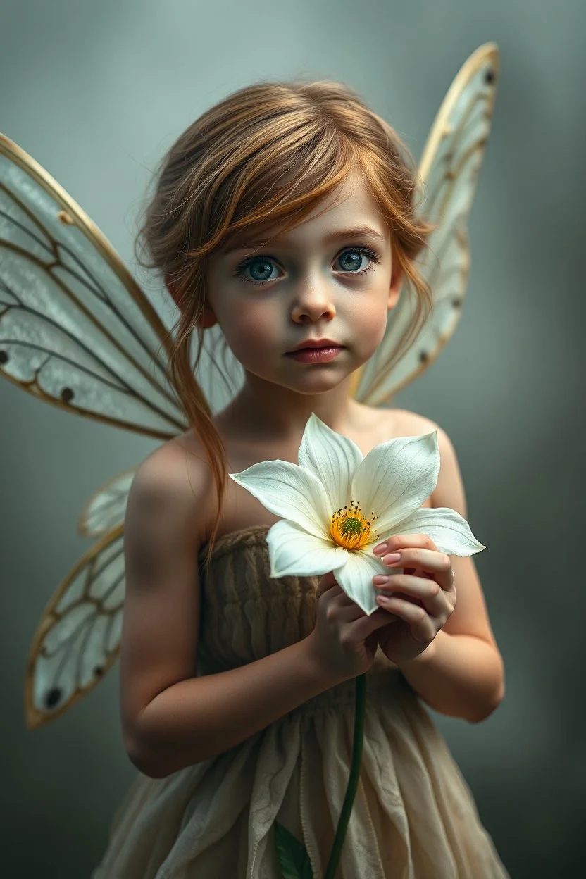 Extremely realistic photo of fairy looking at you and holding a white flowrr,with big winks, fog, general foul weather, (Rembrandt Lighting), zeiss lens, ultra realistic, (high detailed skin:1.2), 8k uhd, dslr, Dramatic Rim light, high quality, Fujifilm XT3, artwork in pale distressed tones , minimalistic approach, blends old world aesthetics art with elements of distressed painting and illustration, shadow play, high conceptuality, palette inspired by Charlene Mc Nally, Carne Grif