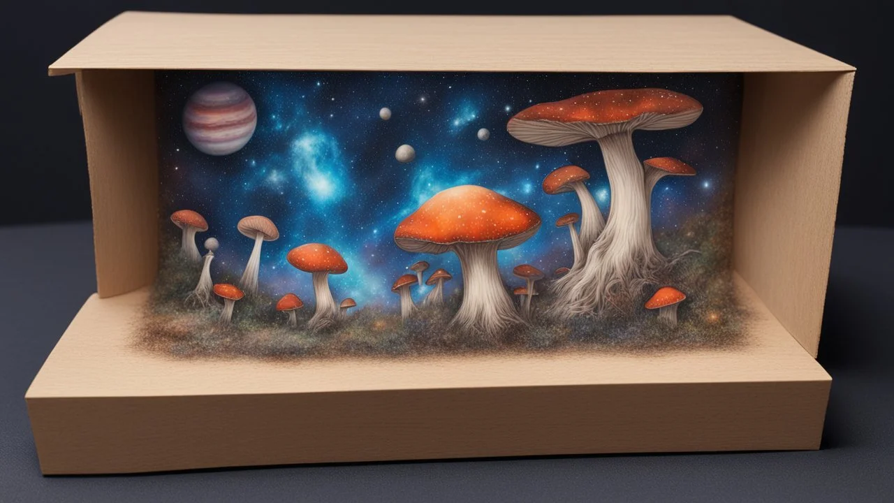 a box 10 cm long by 5 cm wide and 25 cm high, drawn on a box on all sides, butterfly mushrooms nebula, space, tress, planets, realistic