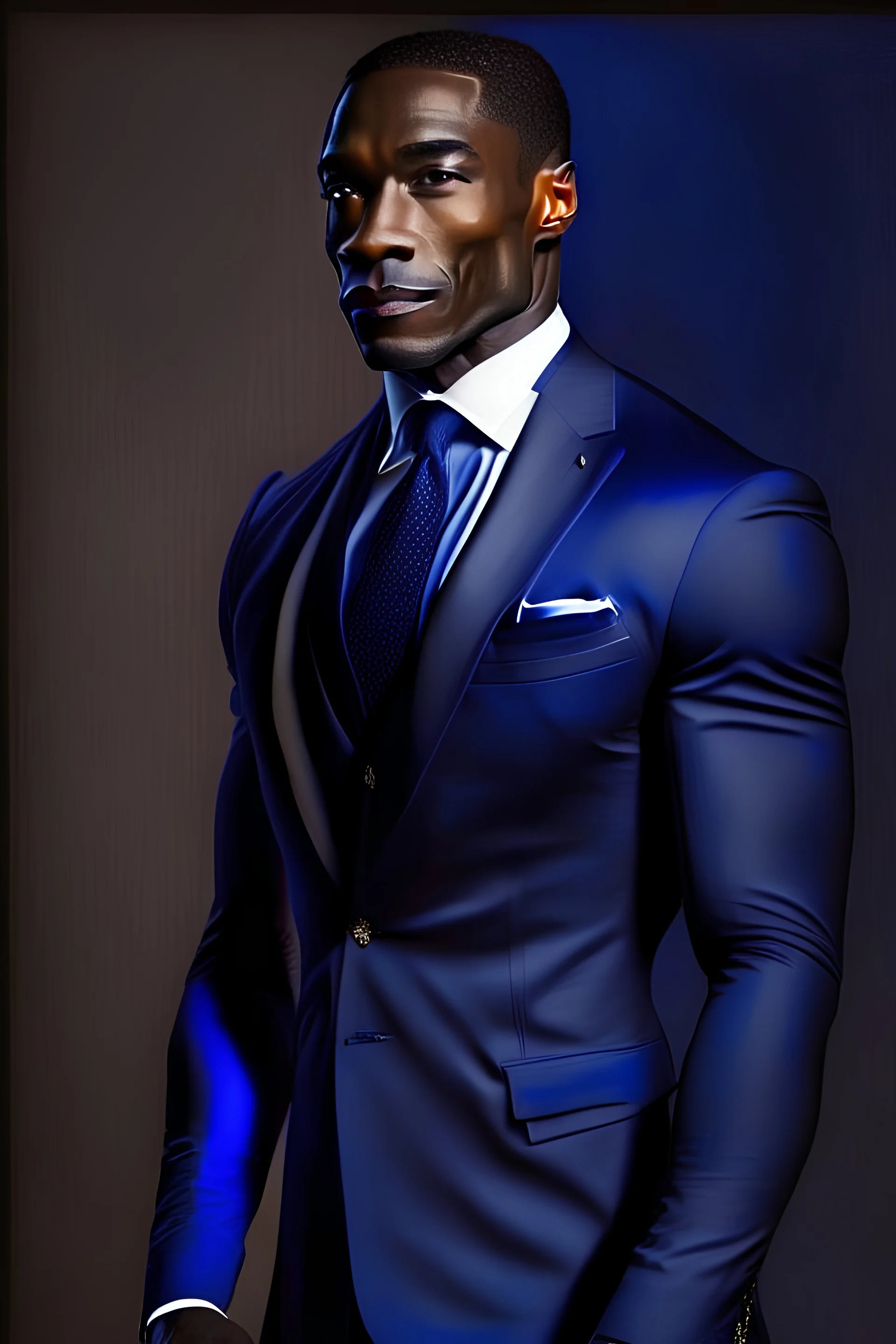 /imagine full length handsome 40 year old brown skinned african american man in black formal wear with a royal blue tie with black background