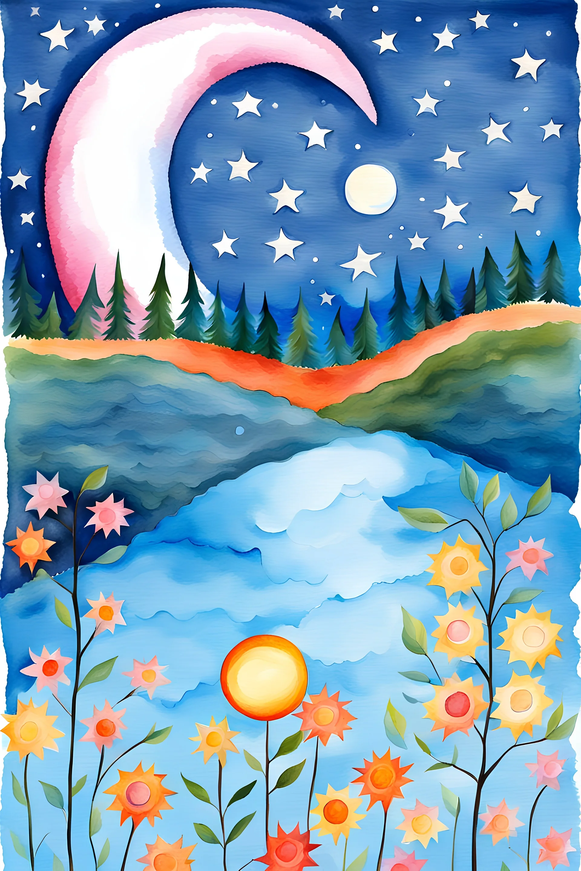 water color. moon. folk art painting. illustration. vector