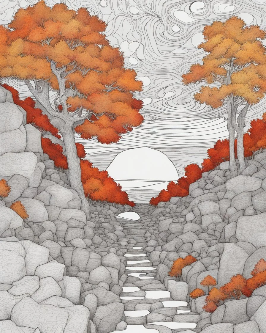 Autumn colors, peaceful, Egon Schiele, Max Ernst, night sky filled with galaxies and stars, rocks, trees, flowers, one-line drawing, sharp focus, 8k, deep 3d field, intricate, ornate, one million strokes