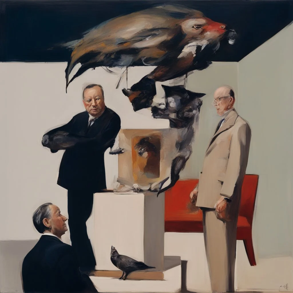 UN conference,a cat and human flesh-like surgical instruments and universe-like a pigeon and neuralink, surrealism,minimalism,Painting By Adrian Ghenie, Rene Magritte, Salvador Dali, Lucian Freud