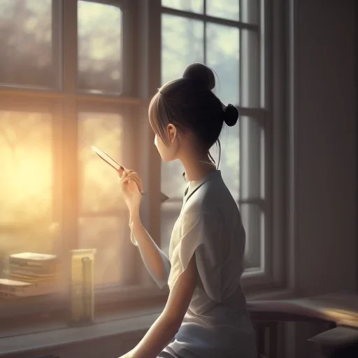 Anime, female student studying under window, studying lesson, perfect face, cool face, ultra detail, unreal engine 5, cinema4d, sun light, studio lighting --ar 1:1 --v 4