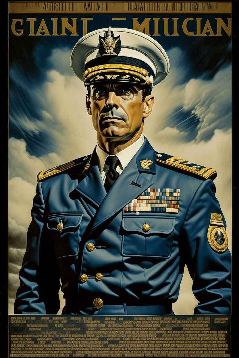 A movie oil coloured poster of an American navy officer looking up camera view for the whole body Michele Anglo style