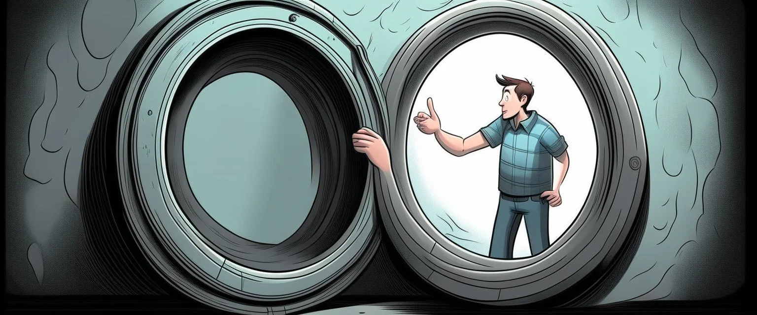 scared man sticks his arm into teleportation device portal for testing, the arm comes out of a hole just beside the portal