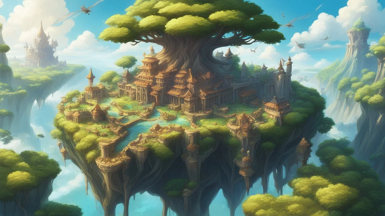 anime zelda artwork style, Highly detailed, 1 gorgeous flying island, Yggdrasil, medieval fantasy city