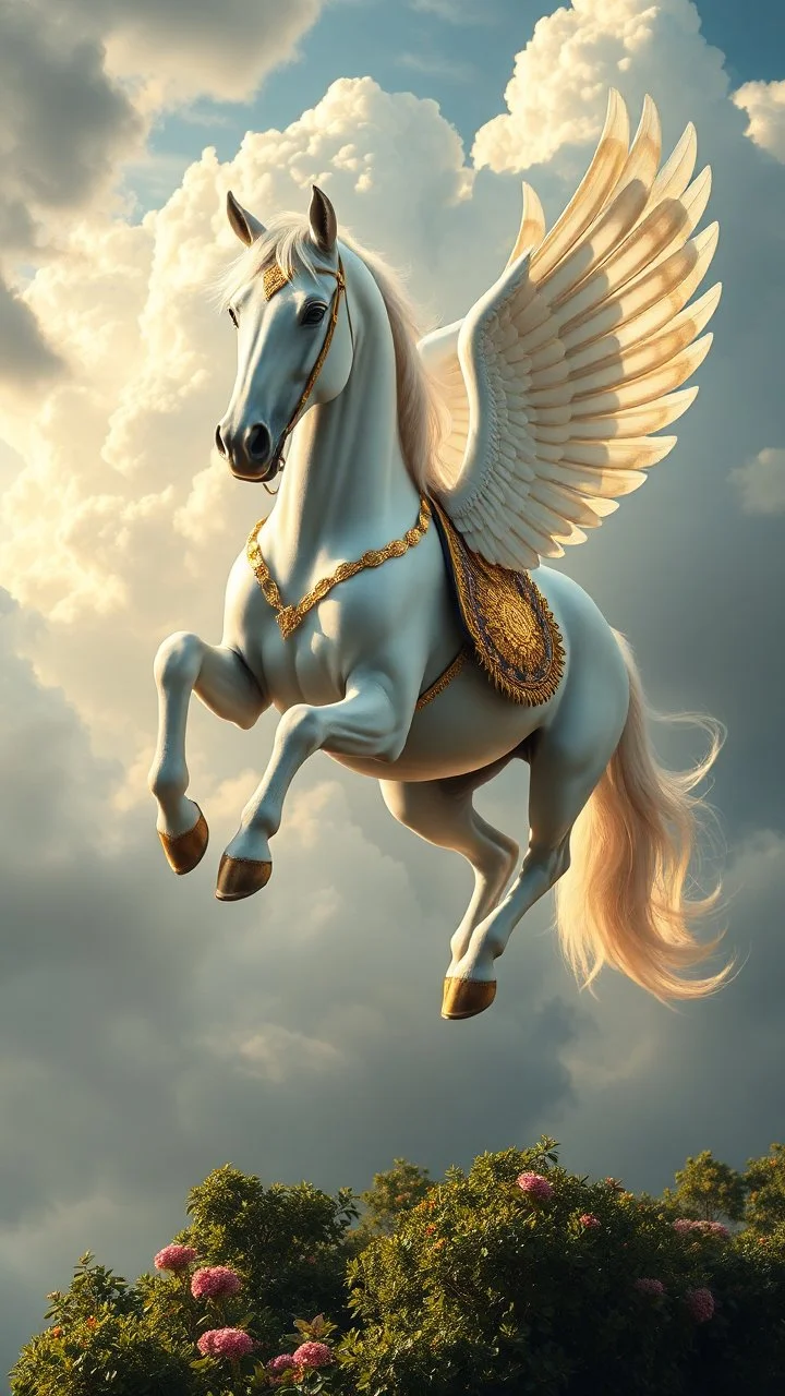 A very beautiful all shiny white horse with wings and golden crystals Horse saddle. on his back flying in the cloudy sky above the plant earth , Bosch nightmares style painting, 4k, very hood quality picture