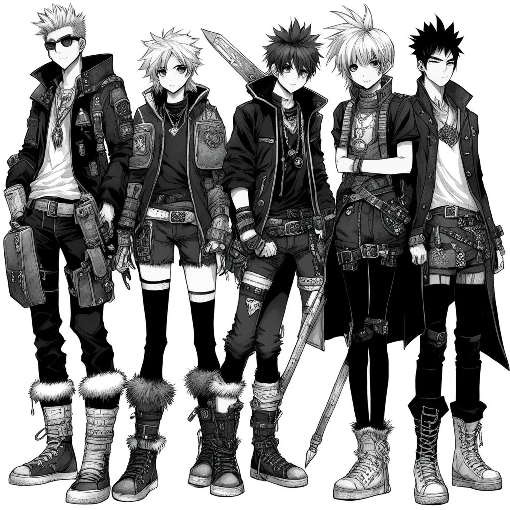 funky manga art of fashion, punkrock, future illustration: RPG group of Adventurers