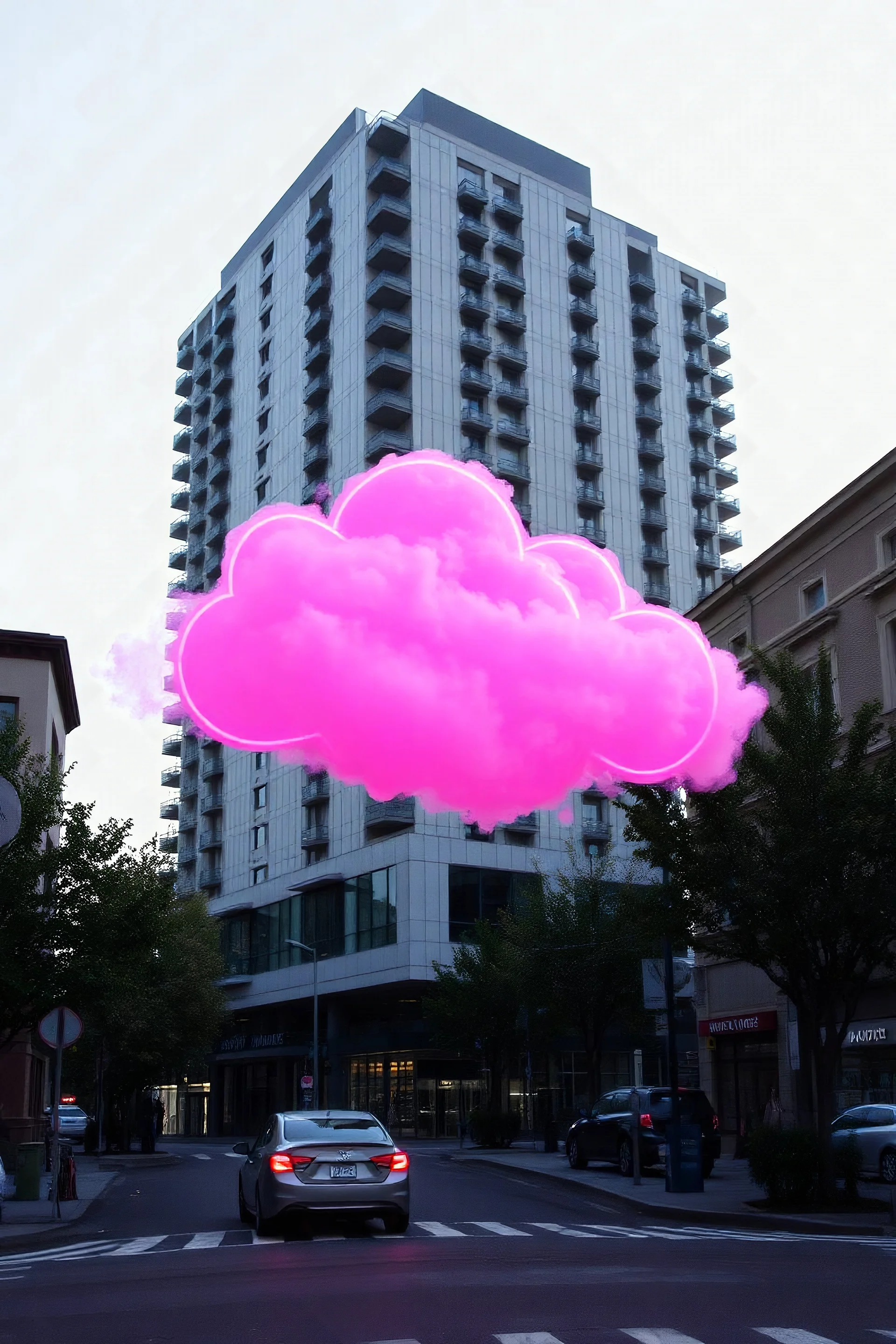 A pink plastic neon cloud floating in the street