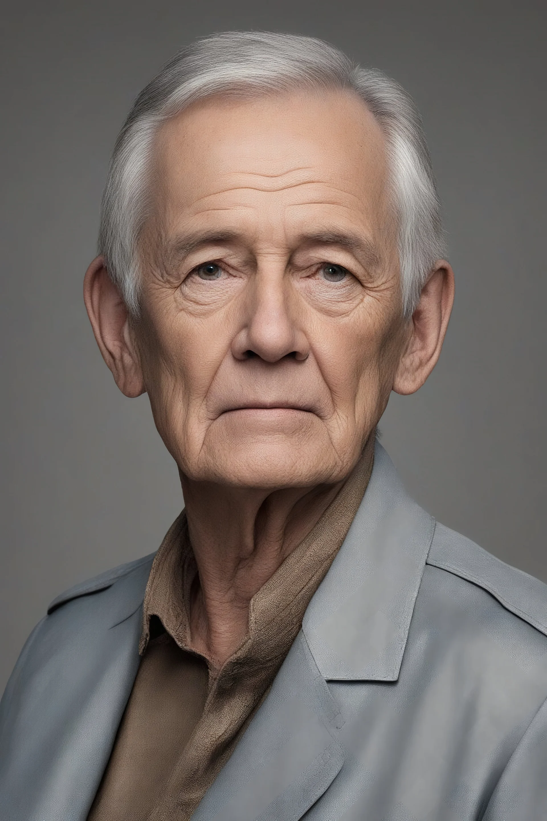 Full Color image, 8k, Ultra-HD, hyper realistic, Photorealistic, focused, fine detail, professional photo, beautiful -- head to shoulder pose, 80-year-old Harold Kendall sitting facing almost forward, thin, bowl-cut, gray hair, short mustache, clean shaven chin, medium build, tan leather jacket with wide collar, light blue button up shirt, Blue Jeans, Elvis Presley shoes