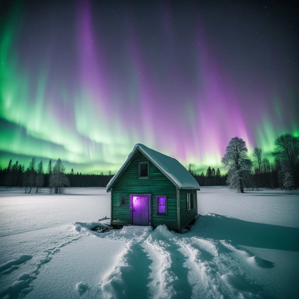 analog film minimal liminal icy a frame dimly lit cabin front elevation squared off and centered with icy trees behind and brilliant purple green aurora borealis - foreground is simple snowy field