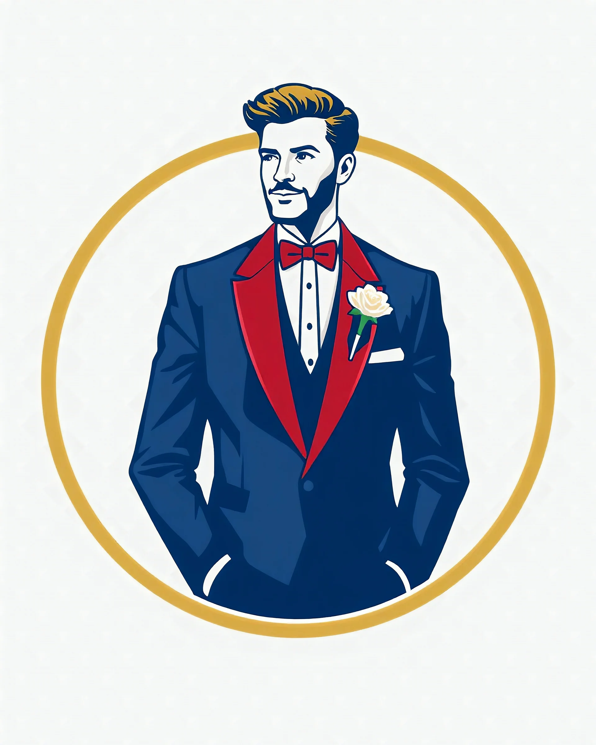 A circular logo with a vector of a groom in a formal suit at the top of the logo in a blue, red, white, gold, and silver color theme.