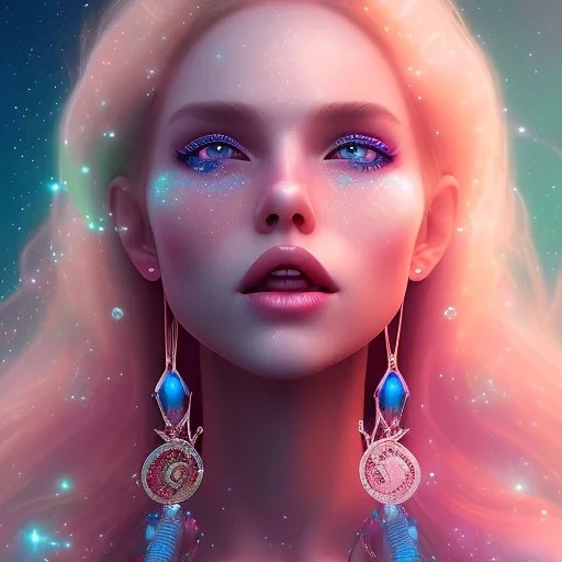 Smiling happy cosmic girl, jewels, realistic long blond hair, blue eyes, pink glossy lips, cinematic lights, HQ, 4k, high details