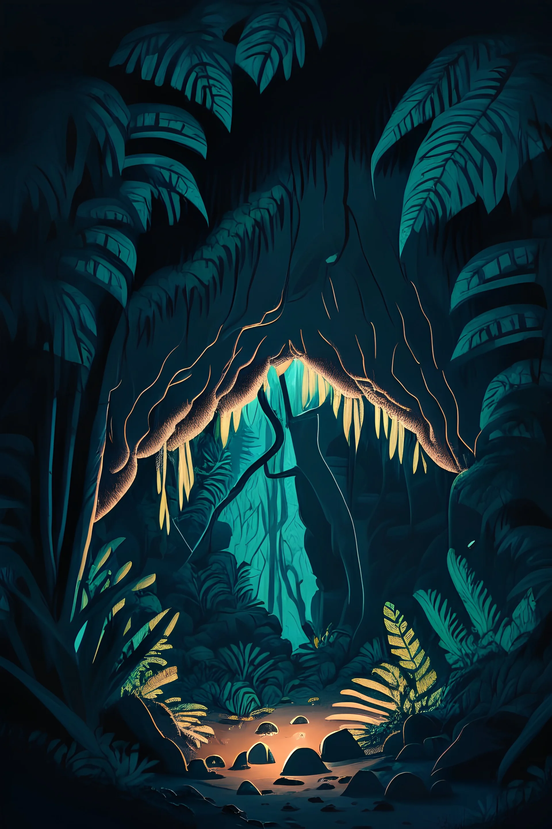 illustration of a strange looking cave in the jungle at night