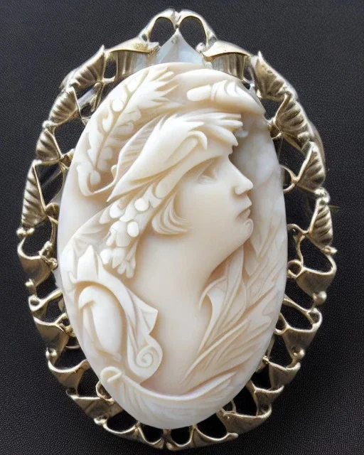 beautiful decorative cameo brooch with a spirit bear, decorative design, classical ornament, bilateral symmetry, highly detailed etching, marble carving