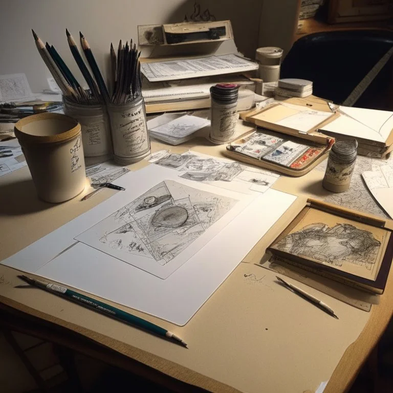 A photograph of a drawing table with cards on it and drawing tools