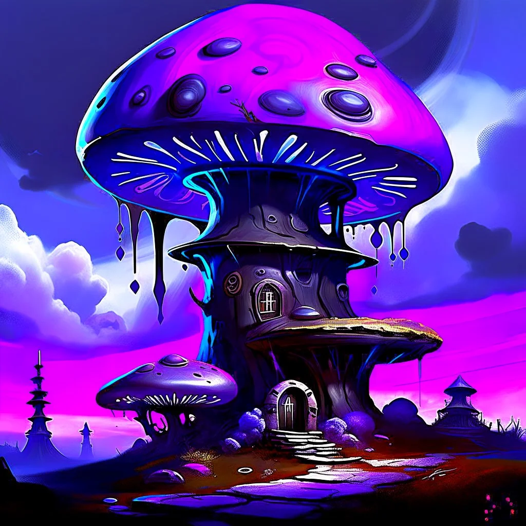 A fantabulous black, blue and purple (((mushroom tower house))) erected atop a (geologic pillar), surrounded by the uncanny imaginative ((( swirling skies))), offset by the stark hues of a (neon-tinged nebulous space scape), within. captured by the hand a skilled master painter with a focus on (softly blurred compositions and voluminous lighting).