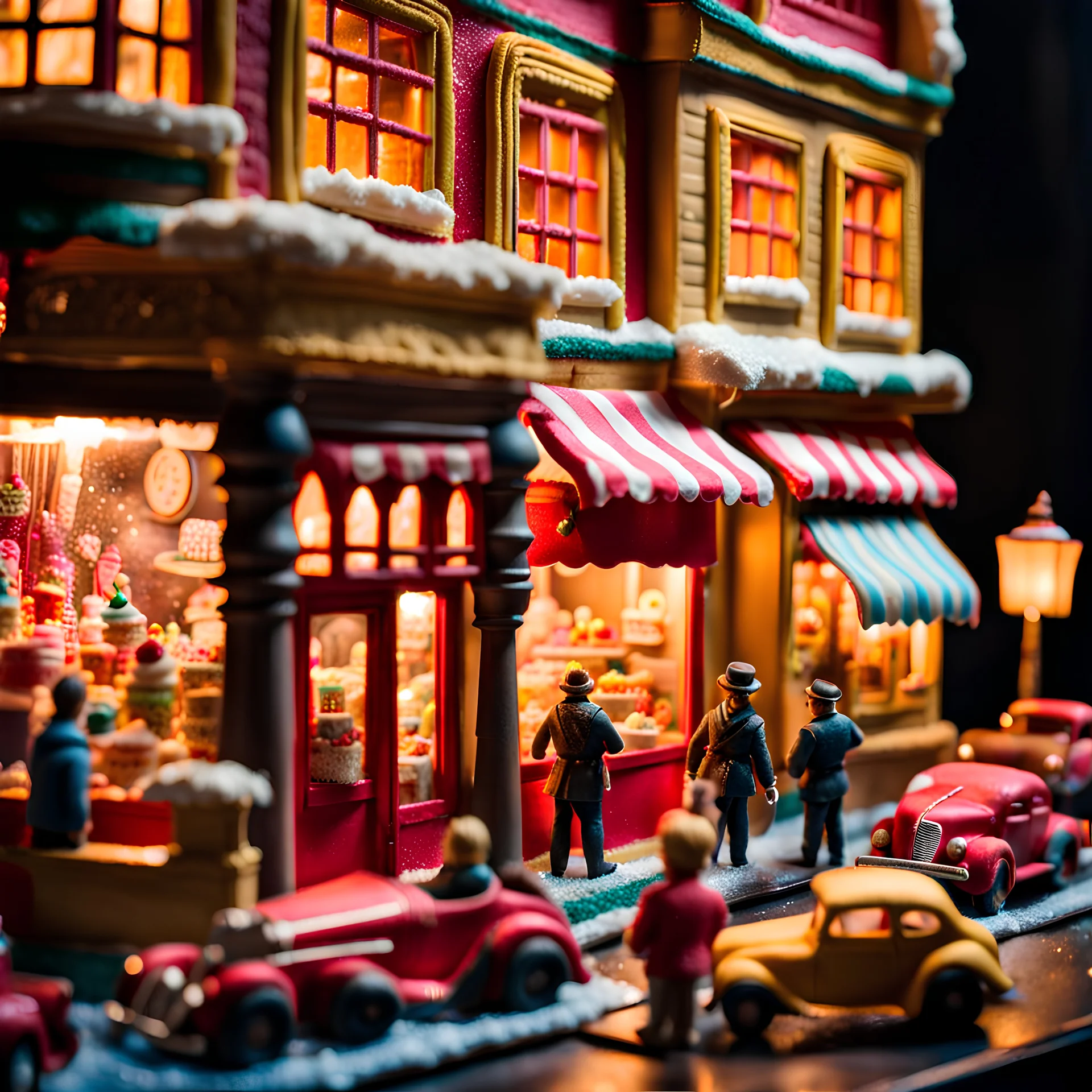 Close-up photograph of a diorama building, city, store, advertising, land-of-toys with detailed vintage toys made of cake-frosting and felt, strong texture, extreme detailed, movie shot, rich moody colors, sparkles, night, nightmare