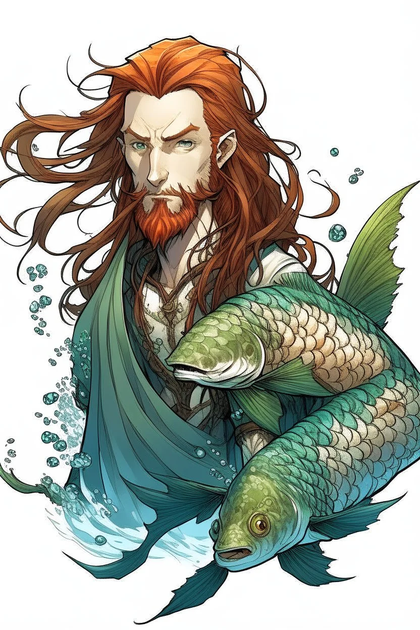 fish scaled determined wet pirate nereid male with seaweed in long auburn hair