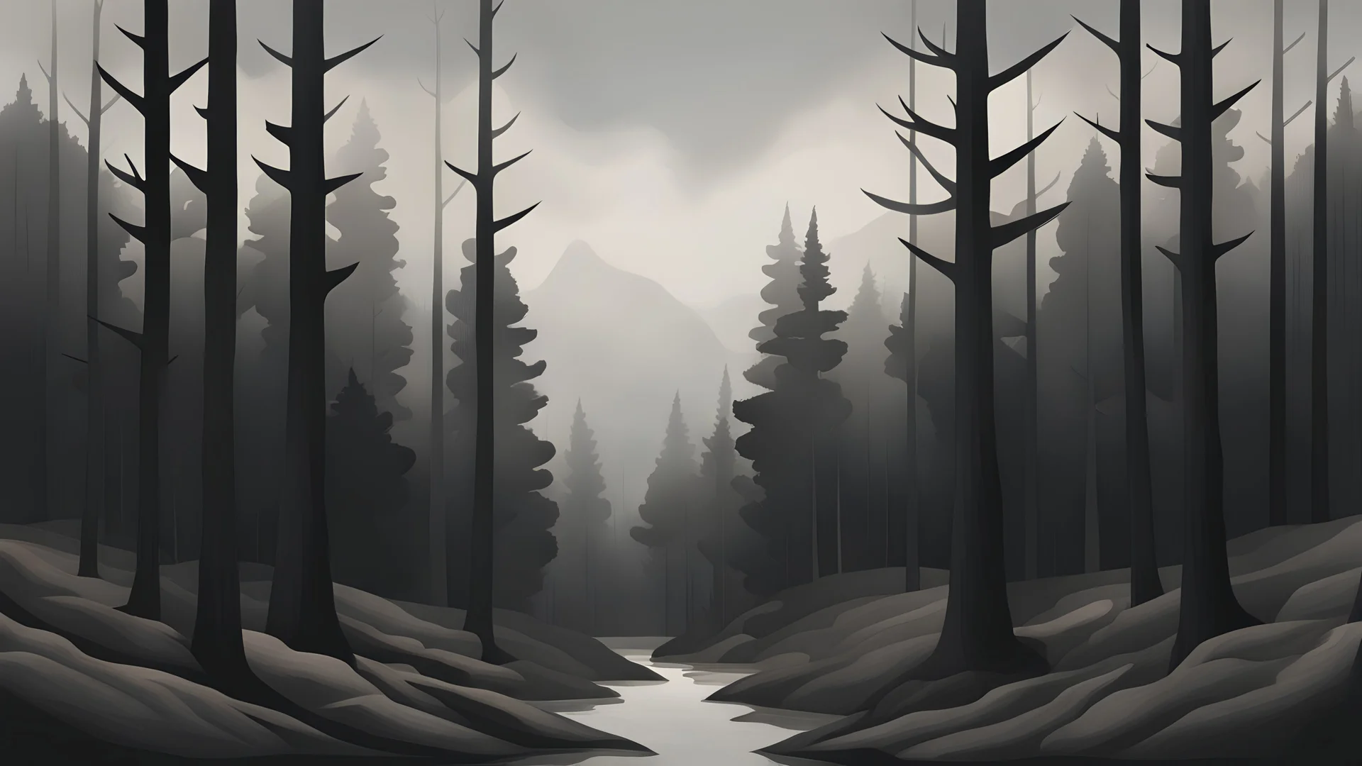 A highly detailed close-up of a forest, with a few trees in the background. Inspired by Stanley Twardowicz, the painting features a tonalist style with a dark grey rainbow color palette and desaturated, cold colors. The matte and grayscale Pantone shades create a minimal and monochrome atmosphere, reminiscent of a Nordic forest. The overall effect is a dark and dull yet captivating composition.