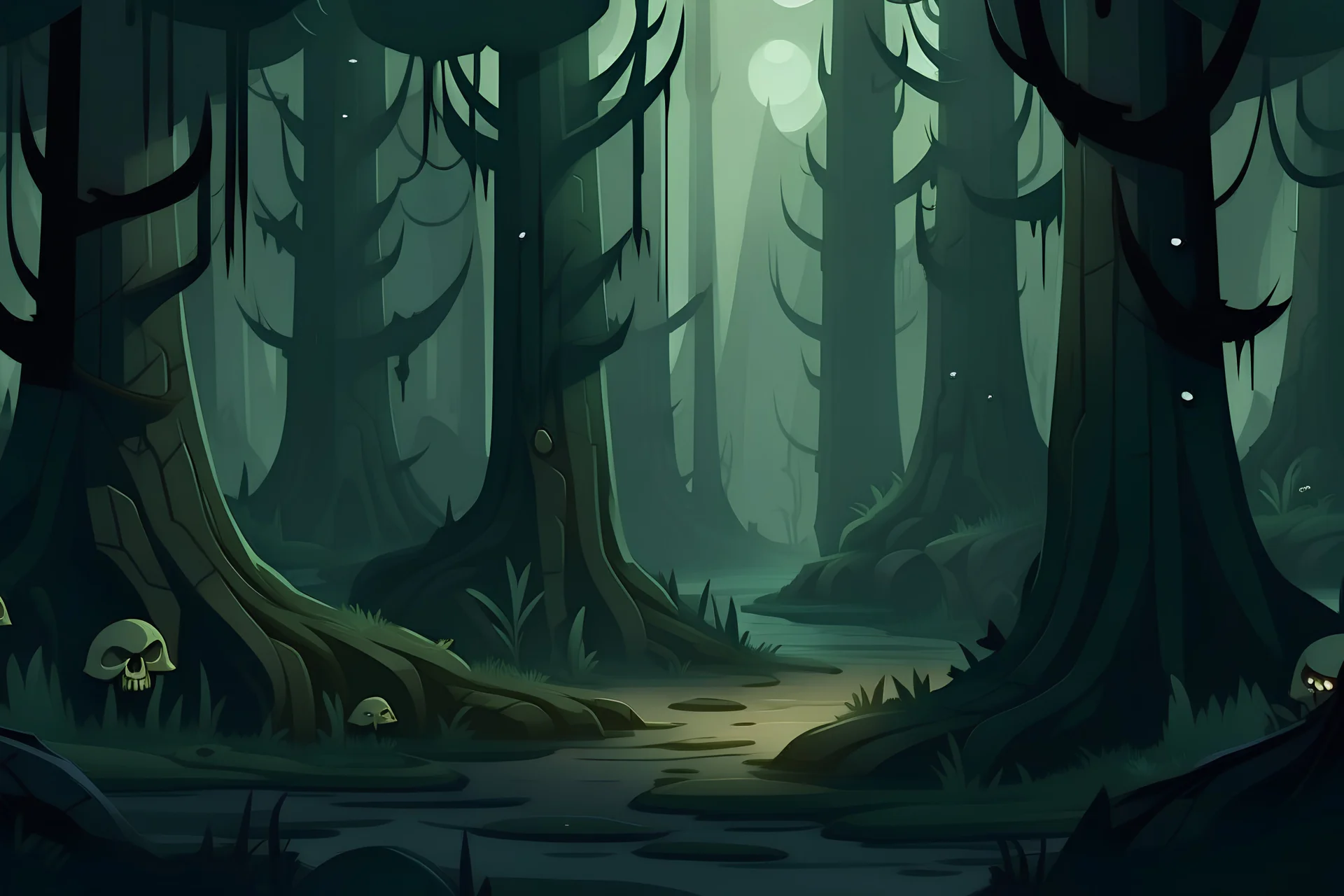 2d game art assets, forest ,moody style, flat art, spooky