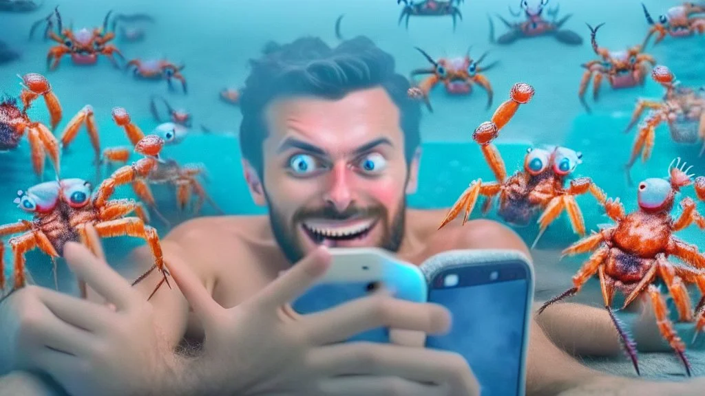 guy with creepy smirk watches censored videos on smartphone surrounded by tiny crabs