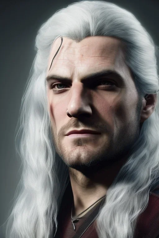 Henry cavil face, long white hair, wearing The witcher 3, realistic, 4k,