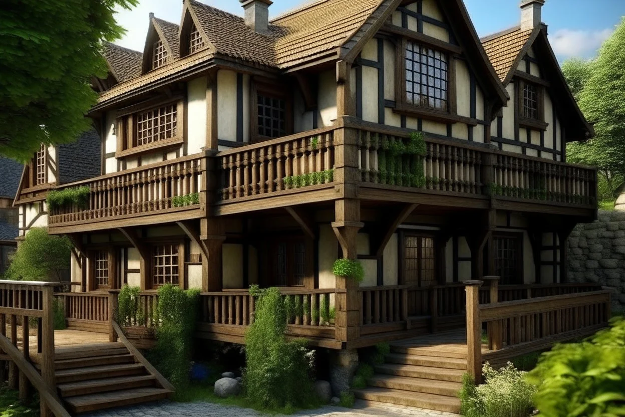 large medieval gothic, wooden inn, with a balcony, next to a sloping, cobbled road, in a wood, dense foliage, photo-realistic