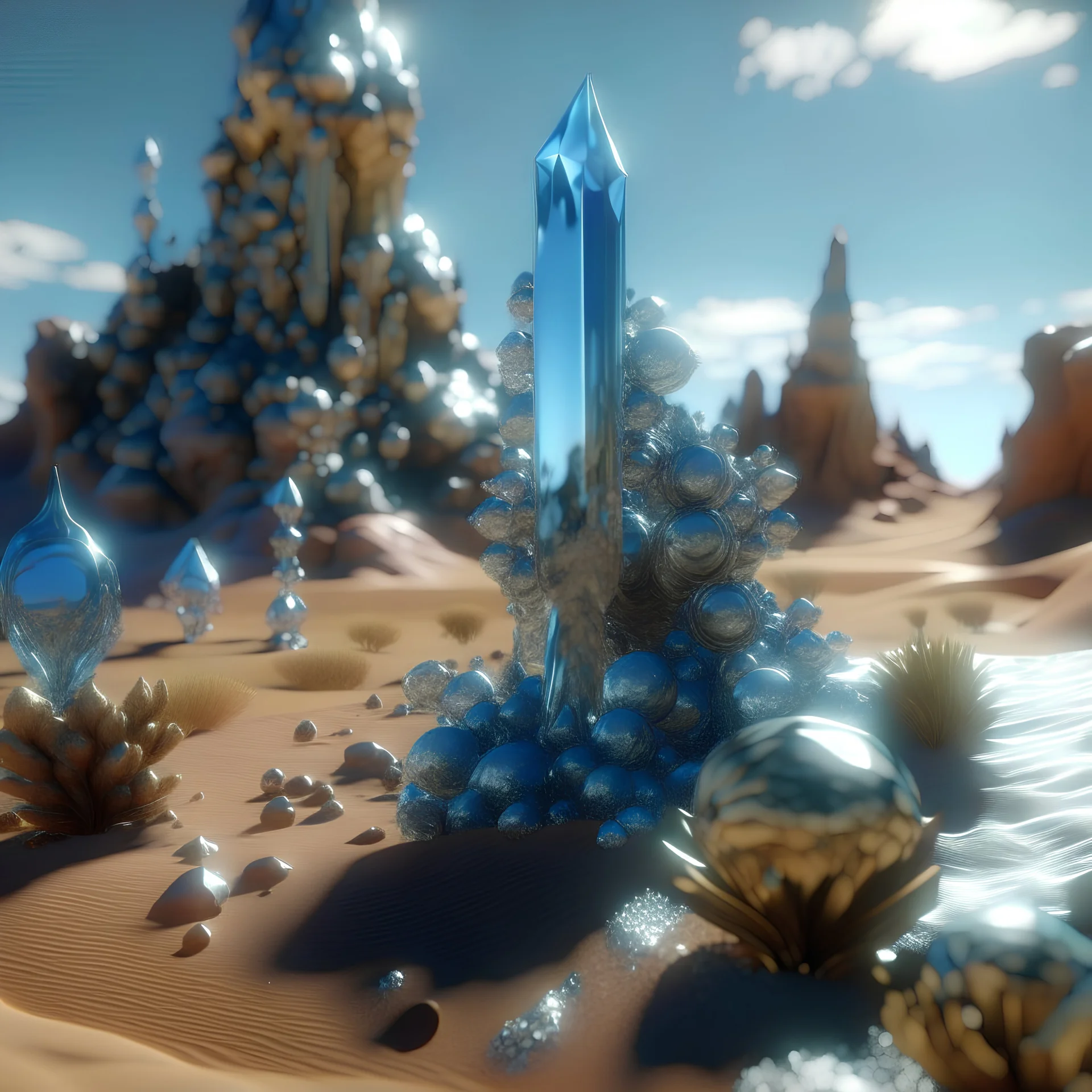 3d, crystal-like, odd objects in an odd environment, desert, masterpiece, good quality, intricate details, high quality, Yves Tanguy, best quality, 8k, in focus, sharp focus, DVD Screengrab, fantasy, sci-fi, cinematic, photorealism, octane render, frostbite, 8k, cinematic, unreal engine, bokeh, vray, houdini render, quixel megascans, arnold render, 8k uhd, raytracing, cgi, lumen reflections, cgsociety, ultra realistic, cinema4d, studio quality, highly detailed