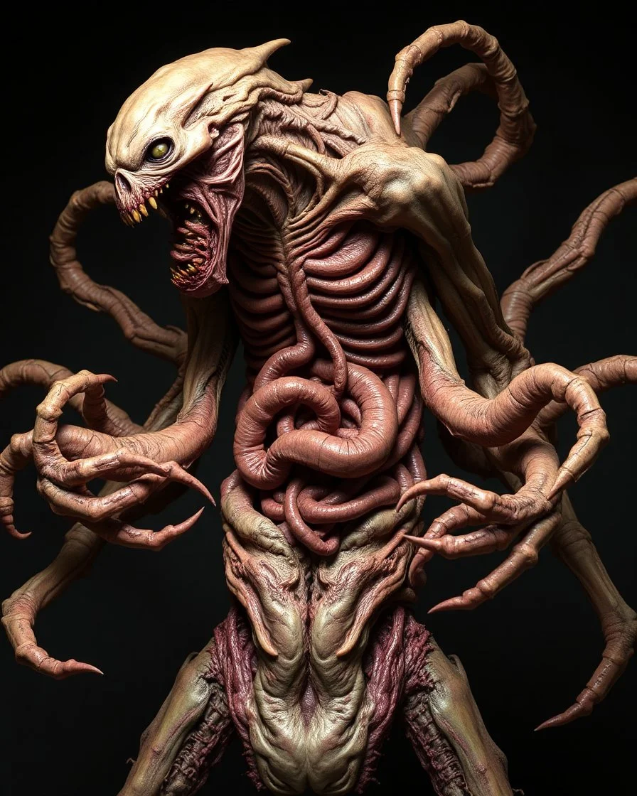 A horrific disgusting intestines and guts horror monster with mutated deformed body many limbs, poisonous mutant creature, flesh, bones, anatomical structures