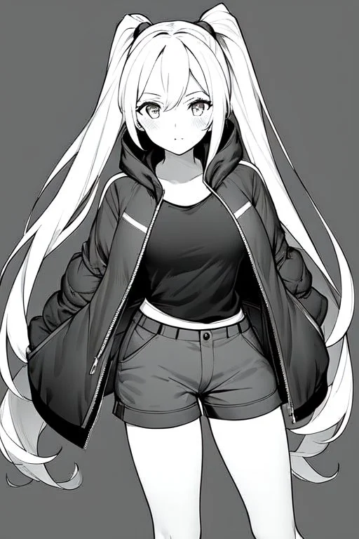 blonde girl with ponytails dressed in a jacket and shorts walks proudly, greyscale