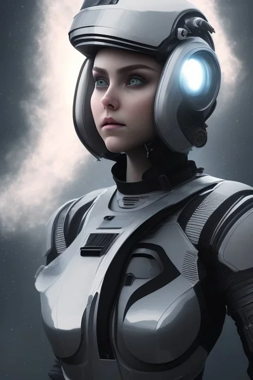 Black intergalactic pilot AnnaSophia Robb, portrait, bright white eyes, wearing high tech pilot helmet, beautiful face, white smoke, dark, rage, sorrow, high definition, ultra 8 k, volumetric lighting, blue fire, fog